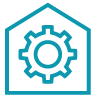 Icon representing workshops using a silhouette of a building with a cogwheel inside