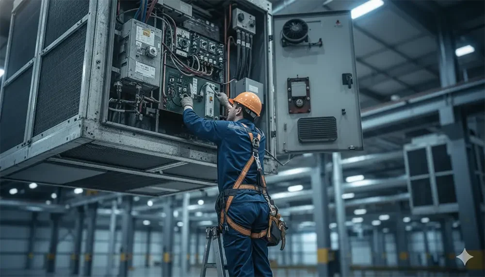 Operaris en una plataforma elevadora treballant en el sostre d'una càmera frigorífica