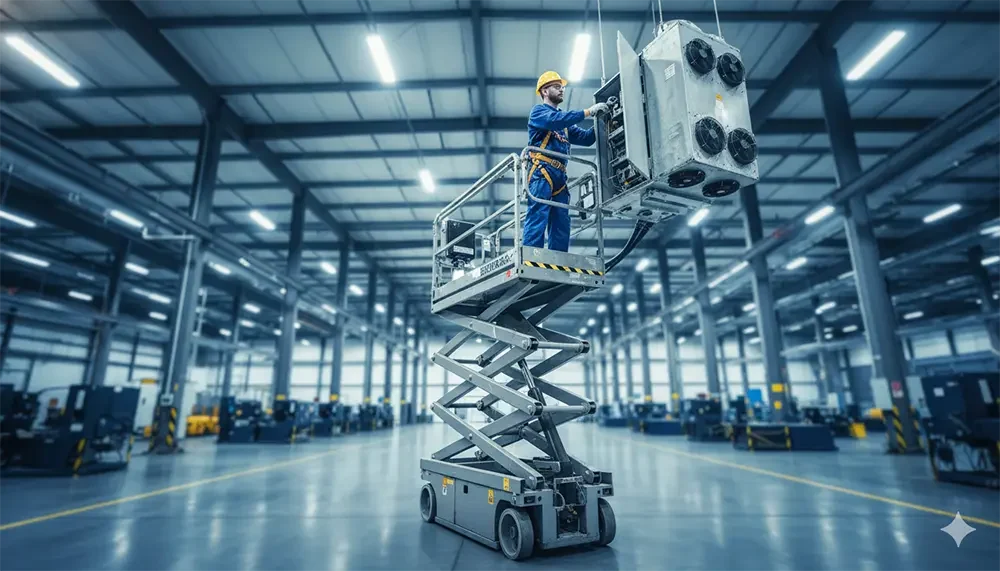 Operaris en una plataforma elevadora treballant en el sostre d'una càmera frigorífica